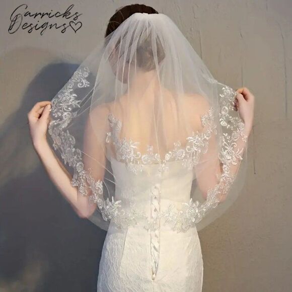 Carrick's Designs Accessories - Floral Lace Edge Elbow Bridal Wedding Veil With Comb Ivory Veil White Veil
